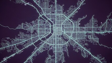 Abstract digital map visualizing a sprawling metropolitan area's intricate road network, representing modern urban planning and connectivity in a glowing, data-driven style