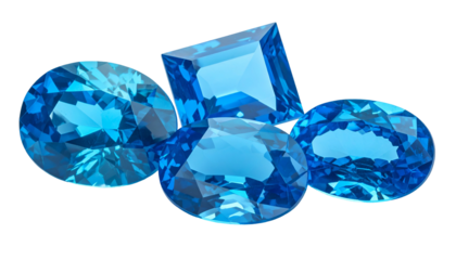 Four brilliant cut, vibrant blue gemstones against a black background