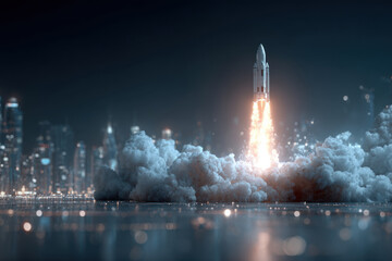 A rocket launches against the backdrop of a blurred city. Business development concept.