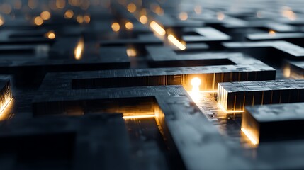 Complex dark metallic maze with glowing golden light paths, futuristic technology concept, 3d rendered abstract background