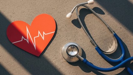 Red heart with heartbeat graphic next to a stethoscope on a textured gray surface