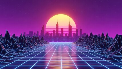 Retro cityscape with neon grid road, mountains, and sunset over buildings