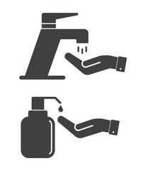 hand washing under tap and sanitizer icon