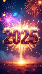 New Year 2025 celebration with fireworks and sparkling display