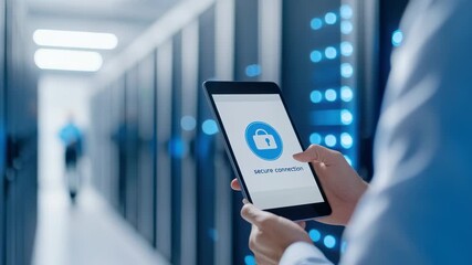 It professional accessing secure data in modern server room environment - Powered by Adobe