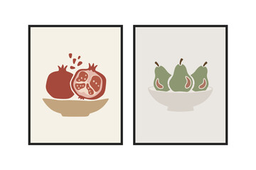 Minimalist Fruit Still Life Art with Pomegranate and Pears in Bowls