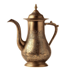 Intricate brass teapot on clear bg