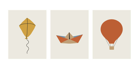 Minimalist Travel Icons Set with Kite Paper Boat and Hot Air Balloon