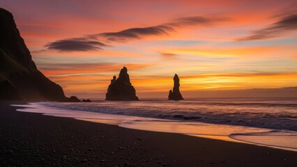 Scenic coastal view at sunset, with rock formations, black sand, and colorful sky