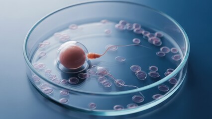 Scientific illustration of fertilization process; egg being penetrated by sperm in a petri dish