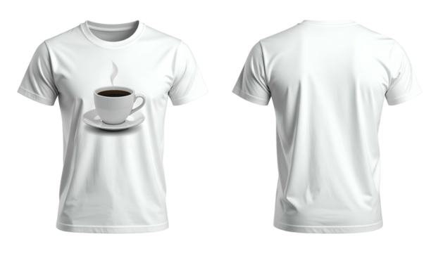 Front/back view of a white t-shirt mockup with a coffee cup graphic - Powered by Adobe