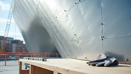 A tight macro shot of a riveted, brushed-steel museum surface, showing sharp material details and a distorted blue-sky reflection.