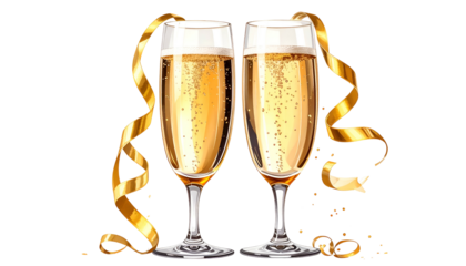 Two champagne flutes clinked, overflowing with bubbly, golden, celebratory drink with ribbons