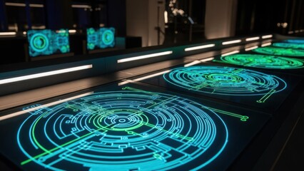 Futuristic control panels display glowing, complex, circular data visuals