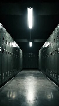 Dark Empty Locker Room Fluorescent Lights Sports Hallway