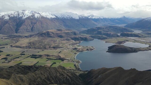 Top view aerial shot of Lake Wanaka and mountains from Roys Peak, South Island, New Zealand , South Island, New Zealand