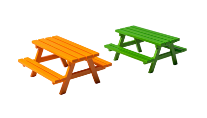 Two vibrant, cartoon picnic tables; one orange, one green; set against a black backdrop