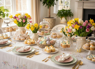 Table de P&acirc;ques d&eacute;cor&eacute;e, fleurs, &oelig;ufs et douce lumi&egrave;re