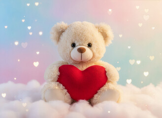 Ourson en peluche tenant un c&oelig;ur rouge, ambiance Saint-Valentin