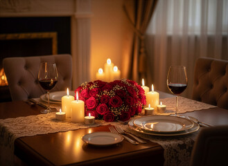 D&icirc;ner romantique aux bougies et bouquet de roses
