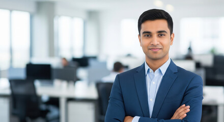 Fototapeta premium Portrait of a confident young Indian businessman in a formal blue suit standing with arms crossed in a bright, modern corporate office background with copy space
