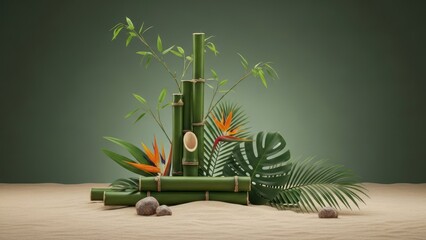 Serene still-life featuring green bamboo stalks, lush leaves, and exotic orange flowers