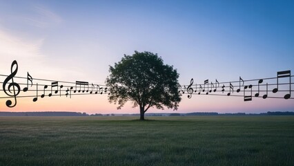 Serene image of a tree in a field with musical notes flowing toward it against a sunset sky