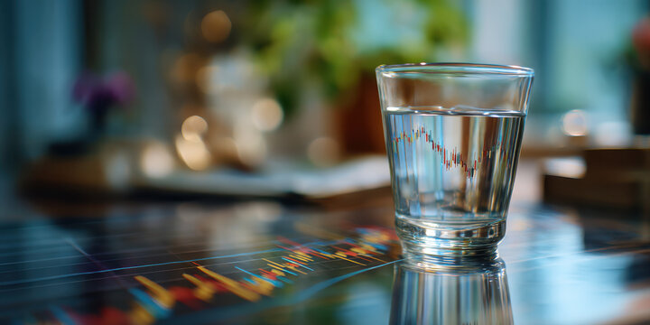 Stock chart reflected in glass of water, financial trend lines and bokeh mood - Powered by Adobe