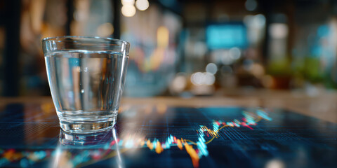 Glass of water on table with reflected financial chart lines, soft bokeh mood