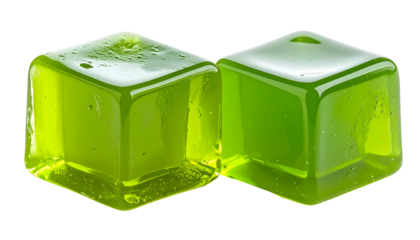 Two translucent green cubes, illuminated against a black background, showcasing details