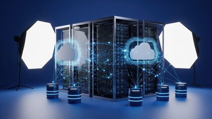 Servers in a data center with cloud icons, illuminated by spotlights
