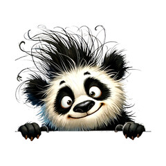 Cartoon panda bear peeking over with funny facial expression and flowing hair transparent background