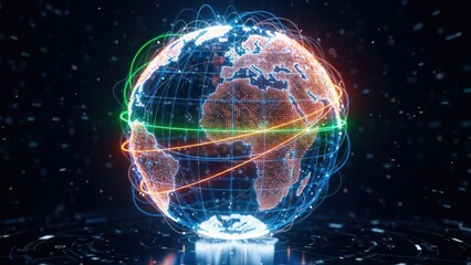 Glowing, network-connected Earth with illuminated lines on a dark, circuit background