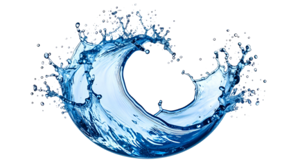 A circular splash of clear blue water against a black background