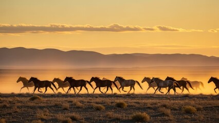 Silhouette of horses galloping across a plain at sunset. Distant mountains and golden sky