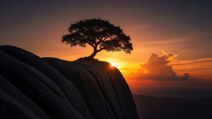 Silhouette of a lone tree atop a cliff against a vibrant sunset sky
