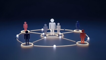 Simplified human figures connected by glowing lines, representing a network