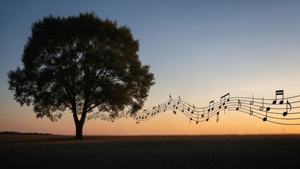 Silhouette of a large tree emitting musical notes across a golden field at sunset