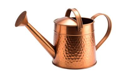 A shiny copper watering can, textured body, spout with holes, and a handle, on a black background