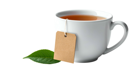 A white mug of tea steeping with a tea bag, paper tag, and a green leaf