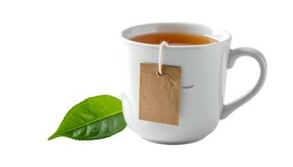 White mug of hot tea with tea bag and green leaf, on black background