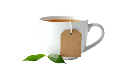 A white mug of tea with a tea bag, paper tag, and green leaves