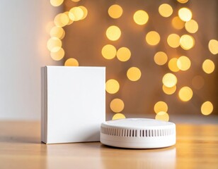 Blank white box, smoke detector visible, product packaging display, safety device presentation, commercial product visual, home security equipment, retail display concept, defocuse