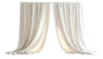 Two ivory silk curtains, flowing and draping, against a black backdrop, elegant and ethereal