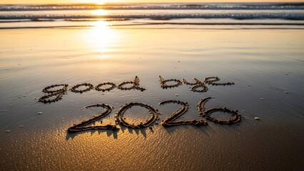 good bye 2026" written on the wet sand of a beach at sunset
