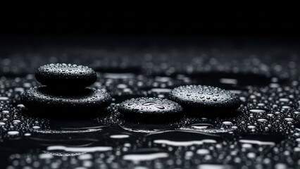 Smooth, wet black stones stacked & scattered on reflective surface; dark, serene ambiance