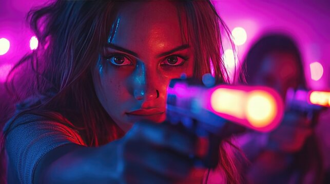 Friends enjoying a laser tag game, aiming and shooting in a neon-lit arena.