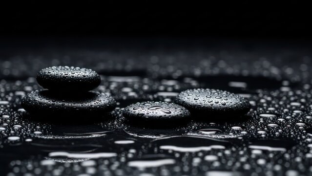 Smooth, wet black stones stacked & scattered on reflective surface; dark, serene ambiance - Powered by Adobe