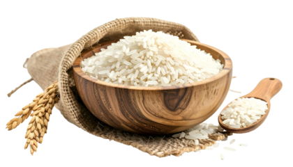 Close-up of white rice in wooden bowl and spoon, burlap sack, and stalks on black