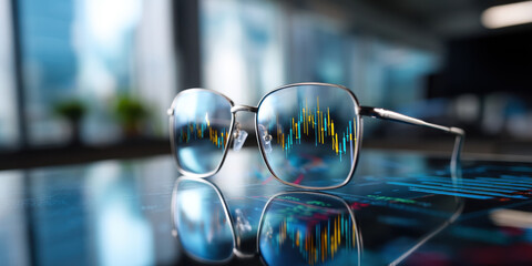 Glasses reflecting financial chart on glossy table, modern office analysis and focus